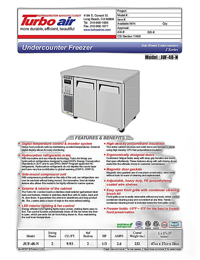 Turbo Air JUF-48-N J Series 48" Solid Door Undercounter Freezer w/ 2 Sections & Side Mounted Compressor - Donut-Equipment.com
