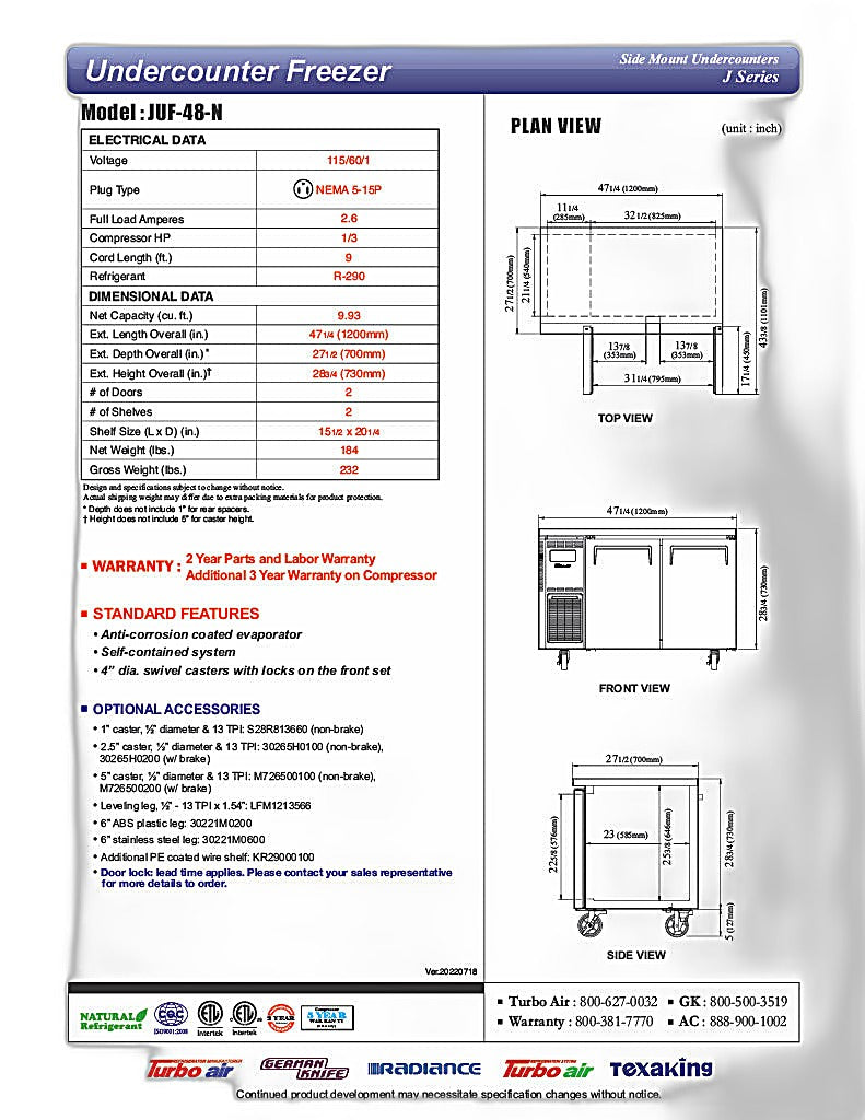 Turbo Air JUF-48-N J Series 48" Solid Door Undercounter Freezer w/ 2 Sections & Side Mounted Compressor - Donut-Equipment.com