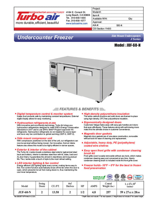 Turbo Air JUF-60-N J Series 60" Solid Door Undercounter Freezer w/ 2 Sections & Side Mounted Compressor - Bakery Wholesalers
