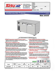 Turbo Air JUF-60-N J Series 60" Solid Door Undercounter Freezer w/ 2 Sections & Side Mounted Compressor - Donut-Equipment.com