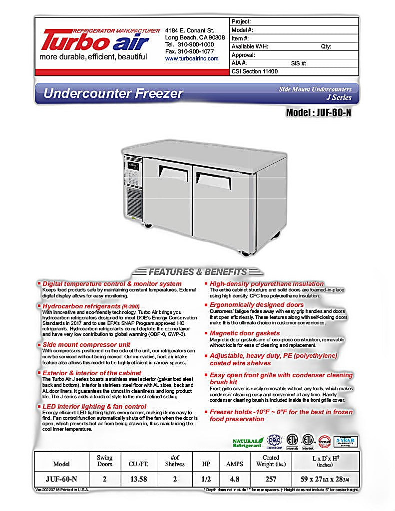 Turbo Air JUF-60-N J Series 60" Solid Door Undercounter Freezer w/ 2 Sections & Side Mounted Compressor - Donut-Equipment.com