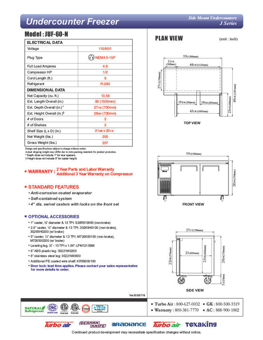 Turbo Air JUF-60-N J Series 60" Solid Door Undercounter Freezer w/ 2 Sections & Side Mounted Compressor - Bakery Wholesalers