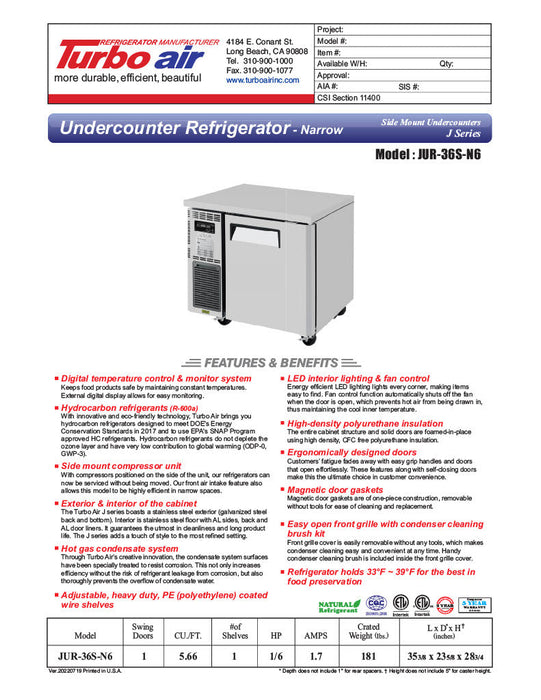 Turbo Air JUR-36S-N6 J Series 36" Narrow Depth Undercounter Refrigerator w/ 1 Section, 2 Solid Doors & Side Mounted Compressor - Bakery Wholesalers