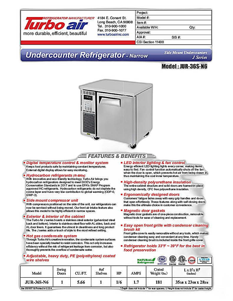 Turbo Air JUR-36S-N6 J Series 36" Narrow Depth Undercounter Refrigerator w/ 1 Section, 2 Solid Doors & Side Mounted Compressor - Donut-Equipment.com