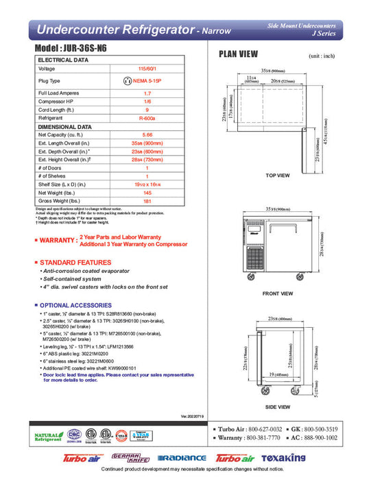Turbo Air JUR-36S-N6 J Series 36" Narrow Depth Undercounter Refrigerator w/ 1 Section, 2 Solid Doors & Side Mounted Compressor - Bakery Wholesalers