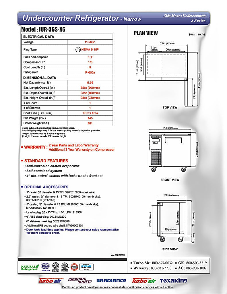 Turbo Air JUR-36S-N6 J Series 36" Narrow Depth Undercounter Refrigerator w/ 1 Section, 2 Solid Doors & Side Mounted Compressor - Donut-Equipment.com