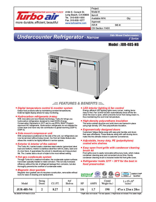 Turbo Air JUR-48S-N6 J Series 48" Narrow Depth Undercounter Refrigerator w/ 2 Sections, Solid Doors & Side Mounted Compressor - Bakery Wholesalers