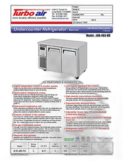 Turbo Air JUR-48S-N6 J Series 48" Narrow Depth Undercounter Refrigerator w/ 2 Sections, Solid Doors & Side Mounted Compressor - Donut-Equipment.com