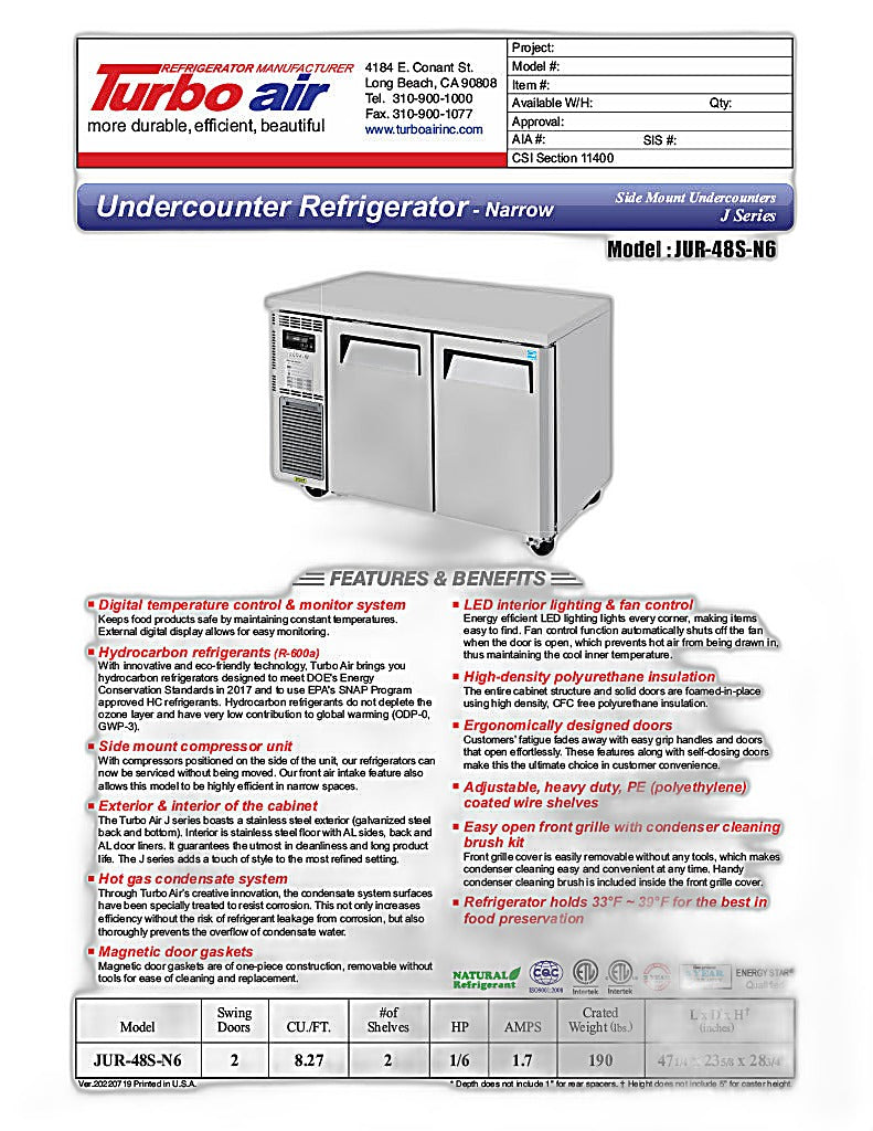 Turbo Air JUR-48S-N6 J Series 48" Narrow Depth Undercounter Refrigerator w/ 2 Sections, Solid Doors & Side Mounted Compressor - Donut-Equipment.com