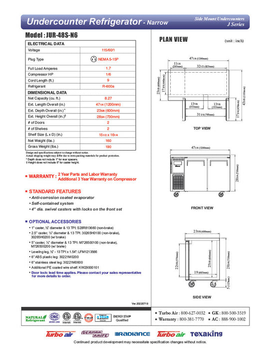 Turbo Air JUR-48S-N6 J Series 48" Narrow Depth Undercounter Refrigerator w/ 2 Sections, Solid Doors & Side Mounted Compressor - Bakery Wholesalers