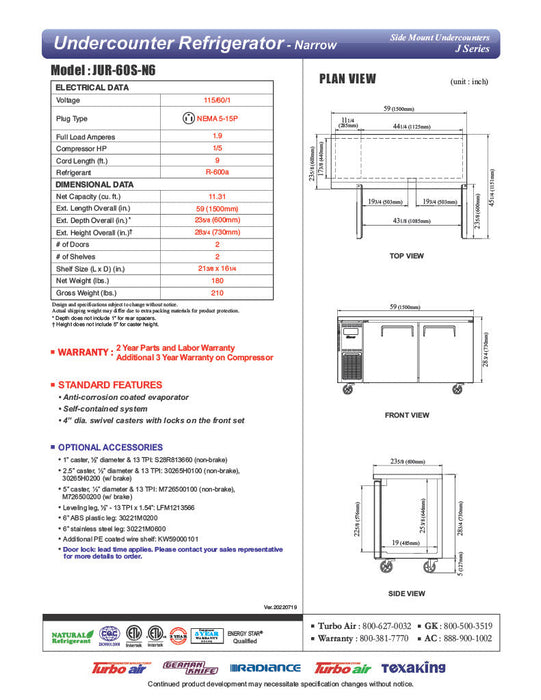 Turbo Air JUR-60S-N6 J Series 60" Narrow Depth Undercounter Refrigerator w/ 2 Sections, Solid Doors & Side Mounted Compressor - Bakery Wholesalers
