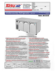 Turbo Air JUR-72S-N6 J Series 72" Narrow Depth Undercounter Refrigerator w/ 3 Sections, Solid Doors & Side Mounted Compressor - Donut-Equipment.com