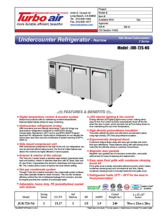 Turbo Air JUR-72S-N6 J Series 72" Narrow Depth Undercounter Refrigerator w/ 3 Sections, Solid Doors & Side Mounted Compressor - Bakery Wholesalers