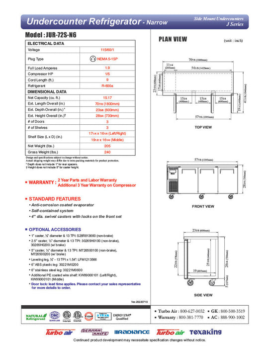 Turbo Air JUR-72S-N6 J Series 72" Narrow Depth Undercounter Refrigerator w/ 3 Sections, Solid Doors & Side Mounted Compressor - Bakery Wholesalers