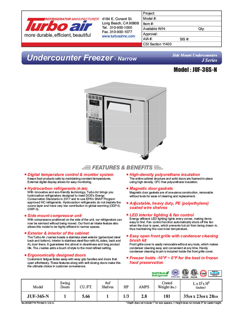 Turbo Air JUF-36S-N J Series 36" Narrow Depth Undercounter Freezer w/ 1 Section, Solid Door & Side Mounted Compressor - Donut-Equipment.com