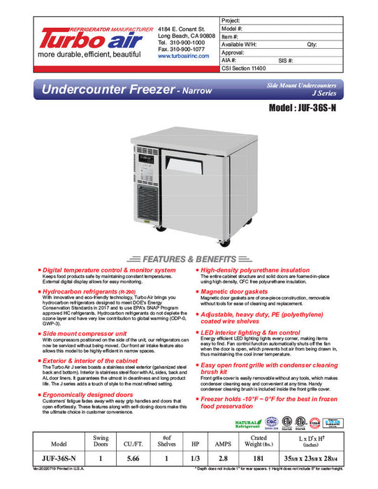 Turbo Air JUF-36S-N J Series 36" Narrow Depth Undercounter Freezer w/ 1 Section, Solid Door & Side Mounted Compressor - Bakery Wholesalers