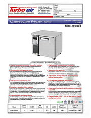 Turbo Air JUF-36S-N J Series 36" Narrow Depth Undercounter Freezer w/ 1 Section, Solid Door & Side Mounted Compressor - Donut-Equipment.com
