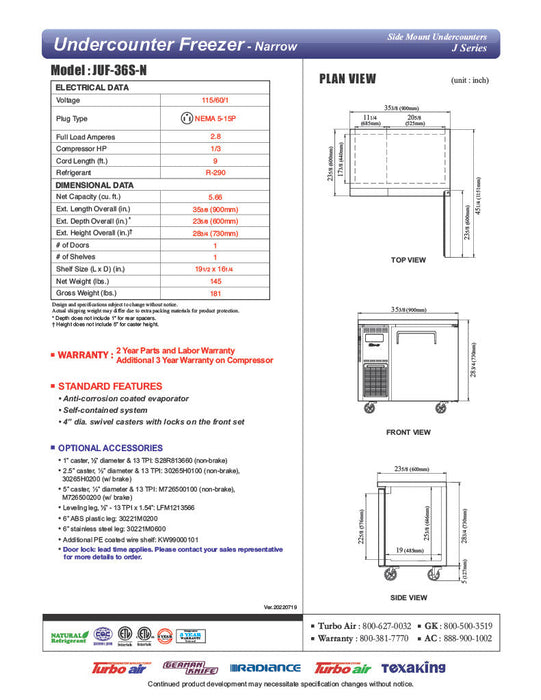 Turbo Air JUF-36S-N J Series 36" Narrow Depth Undercounter Freezer w/ 1 Section, Solid Door & Side Mounted Compressor - Bakery Wholesalers
