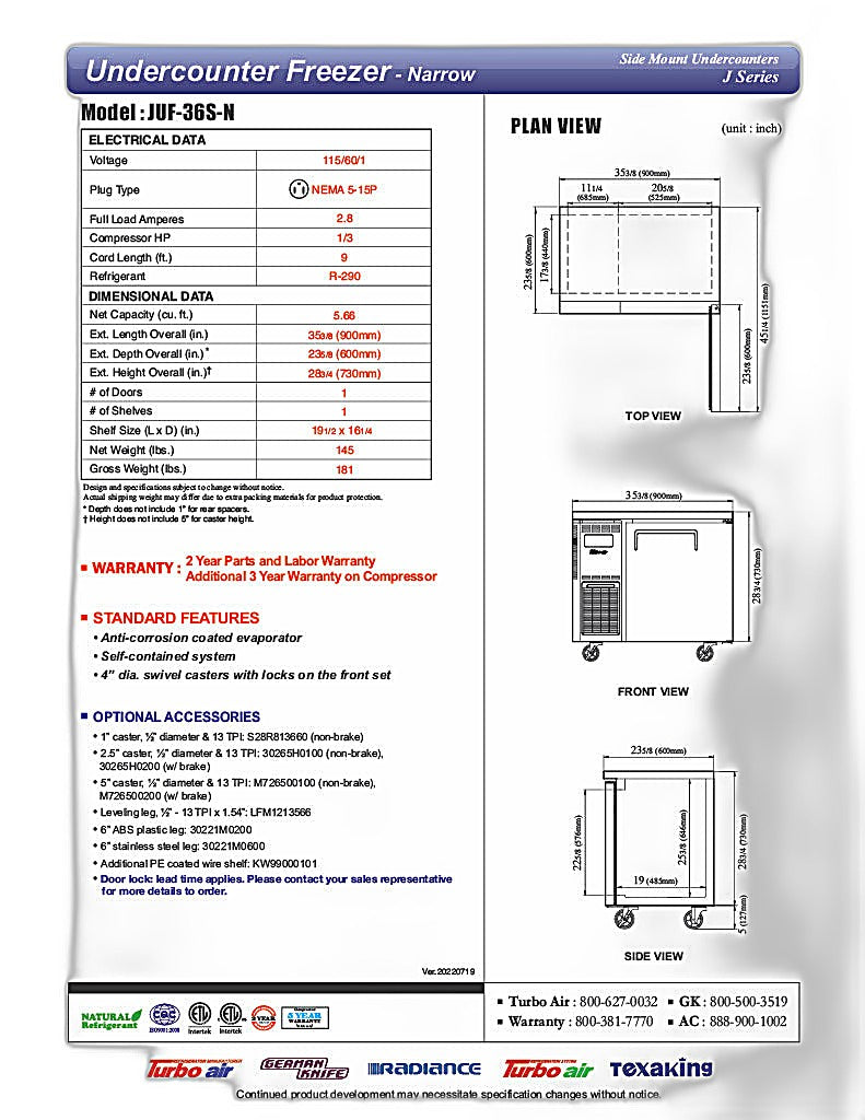 Turbo Air JUF-36S-N J Series 36" Narrow Depth Undercounter Freezer w/ 1 Section, Solid Door & Side Mounted Compressor - Donut-Equipment.com