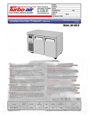 Turbo Air JUF-48S-N J Series 48" Narrow Depth Undercounter Freezer w/ 2 Sections, Solid Doors & Side Mounted Compressor - Donut-Equipment.com