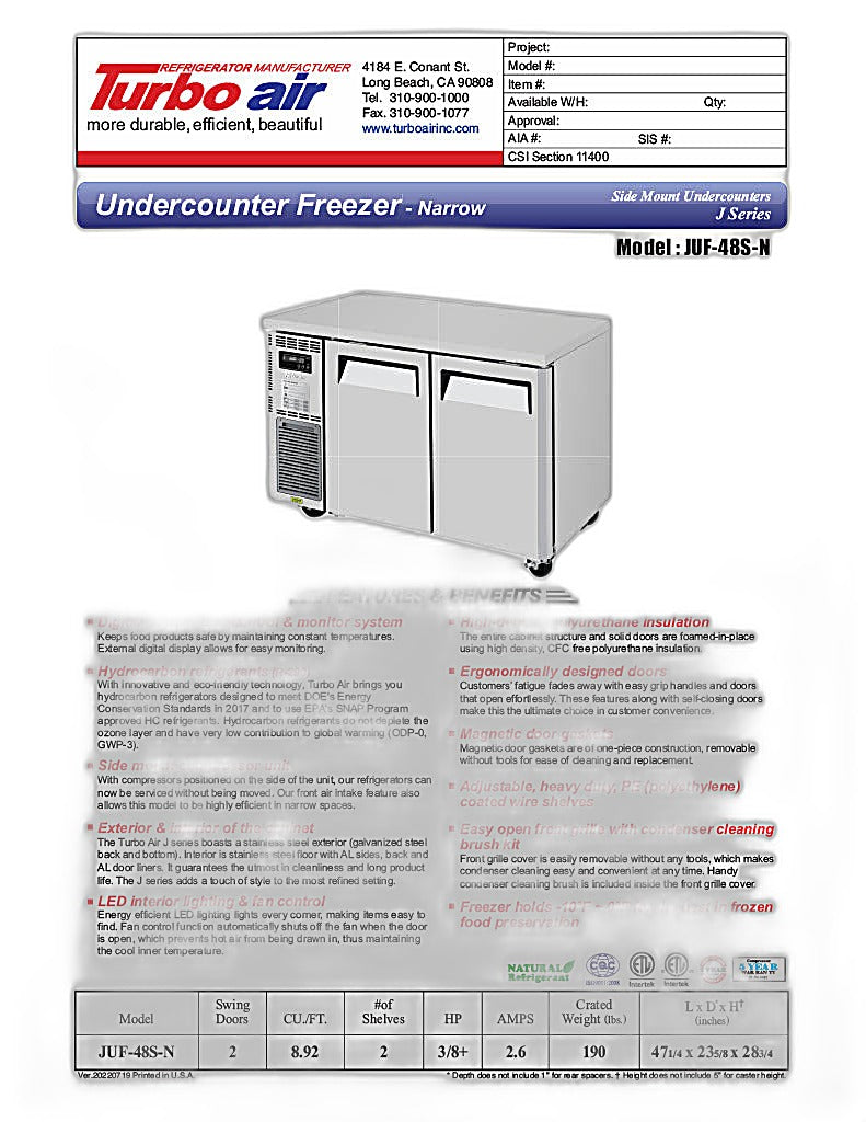Turbo Air JUF-48S-N J Series 48" Narrow Depth Undercounter Freezer w/ 2 Sections, Solid Doors & Side Mounted Compressor - Donut-Equipment.com