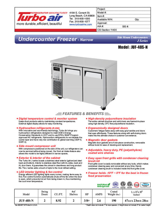 Turbo Air JUF-48S-N J Series 48" Narrow Depth Undercounter Freezer w/ 2 Sections, Solid Doors & Side Mounted Compressor - Bakery Wholesalers