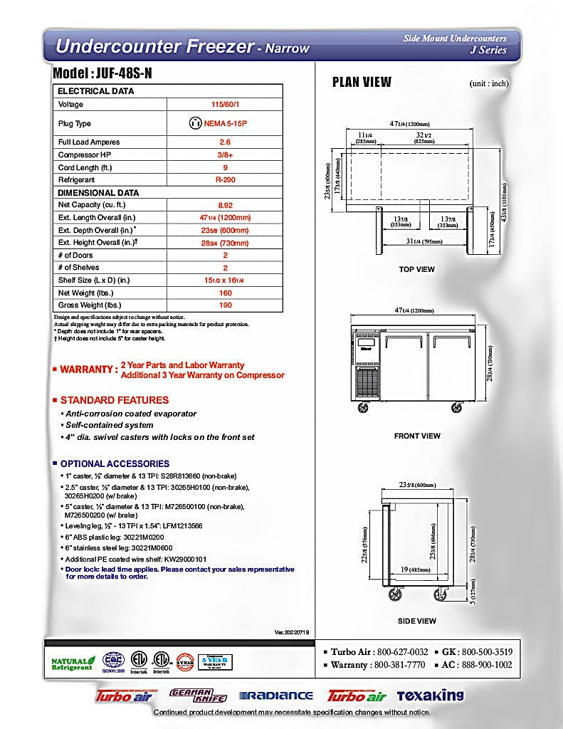 Turbo Air JUF-48S-N J Series 48" Narrow Depth Undercounter Freezer w/ 2 Sections, Solid Doors & Side Mounted Compressor - Donut-Equipment.com