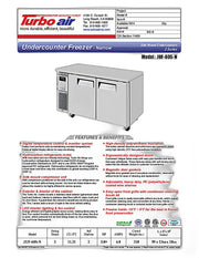 Turbo Air JUF-60S-N J Series 60" Narrow Depth Undercounter Freezer w/ 2 Sections, Solid Doors & Side Mounted Compressor - Donut-Equipment.com