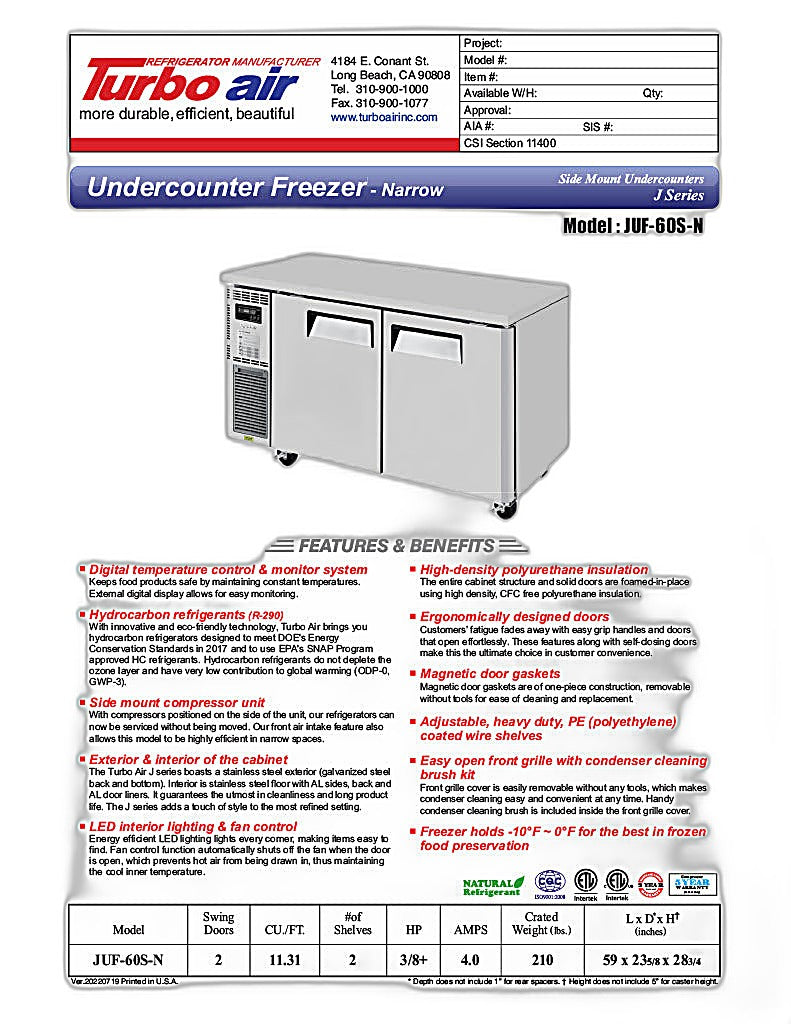 Turbo Air JUF-60S-N J Series 60" Narrow Depth Undercounter Freezer w/ 2 Sections, Solid Doors & Side Mounted Compressor - Donut-Equipment.com