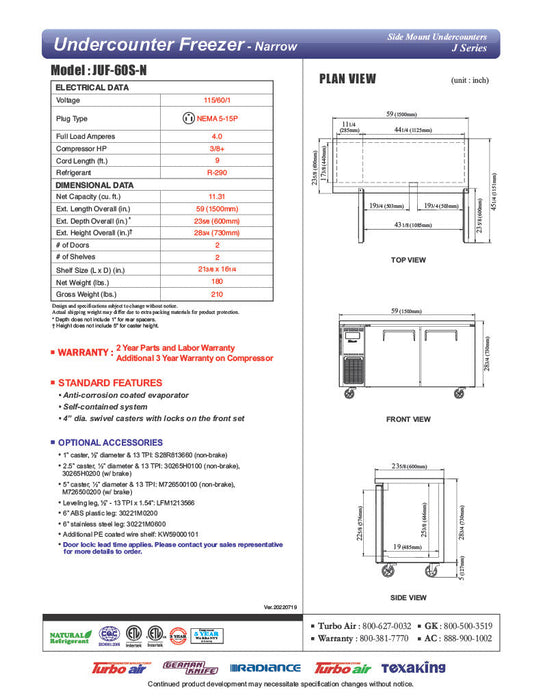 Turbo Air JUF-60S-N J Series 60" Narrow Depth Undercounter Freezer w/ 2 Sections, Solid Doors & Side Mounted Compressor - Bakery Wholesalers