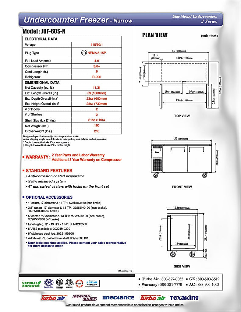 Turbo Air JUF-60S-N J Series 60" Narrow Depth Undercounter Freezer w/ 2 Sections, Solid Doors & Side Mounted Compressor - Donut-Equipment.com