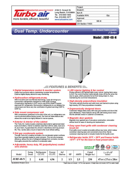 Turbo Air JURF-48-N J Series 47 1/4" Dual Temperature Undercounter Refrigerator/Freezer w/ 2 Sections & Solid Doors - Bakery Wholesalers