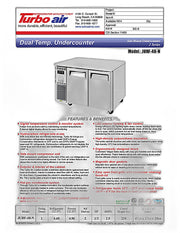 Turbo Air JURF-48-N J Series 47 1/4" Dual Temperature Undercounter Refrigerator/Freezer w/ 2 Sections & Solid Doors - Donut-Equipment.com