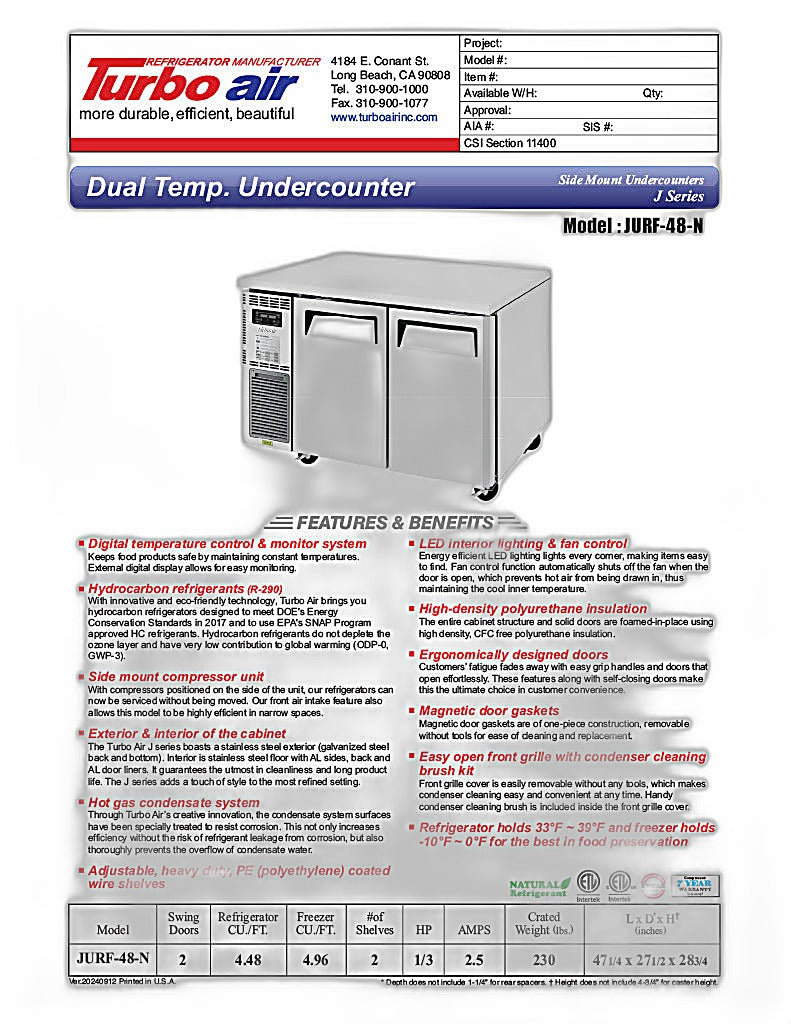 Turbo Air JURF-48-N J Series 47 1/4" Dual Temperature Undercounter Refrigerator/Freezer w/ 2 Sections & Solid Doors - Donut-Equipment.com