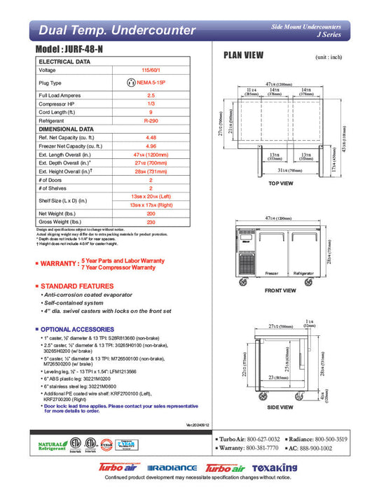 Turbo Air JURF-48-N J Series 47 1/4" Dual Temperature Undercounter Refrigerator/Freezer w/ 2 Sections & Solid Doors - Bakery Wholesalers