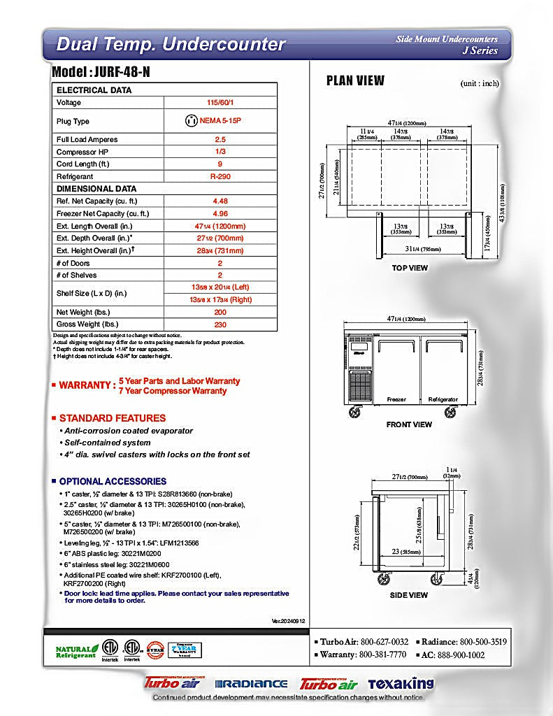 Turbo Air JURF-48-N J Series 47 1/4" Dual Temperature Undercounter Refrigerator/Freezer w/ 2 Sections & Solid Doors - Donut-Equipment.com