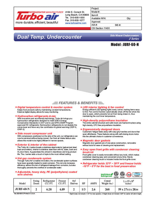 Turbo Air JURF-60-N J Series 59 1/4" Dual Temperature Undercounter Refrigerator/Freezer w/ 2 Sections & Solid Doors - Bakery Wholesalers