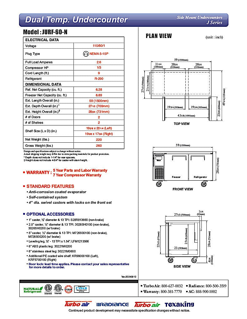 Turbo Air JURF-60-N J Series 59 1/4" Dual Temperature Undercounter Refrigerator/Freezer w/ 2 Sections & Solid Doors - Donut-Equipment.com