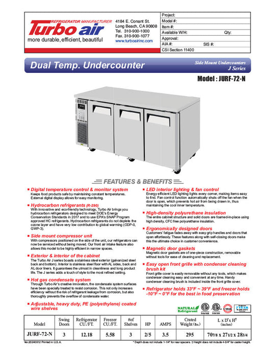 Turbo Air JURF-72-N J Series 70 7/8" Dual Temperature Undercounter Refrigerator/Freezer w/ 3 Sections & Solid Doors - Bakery Wholesalers