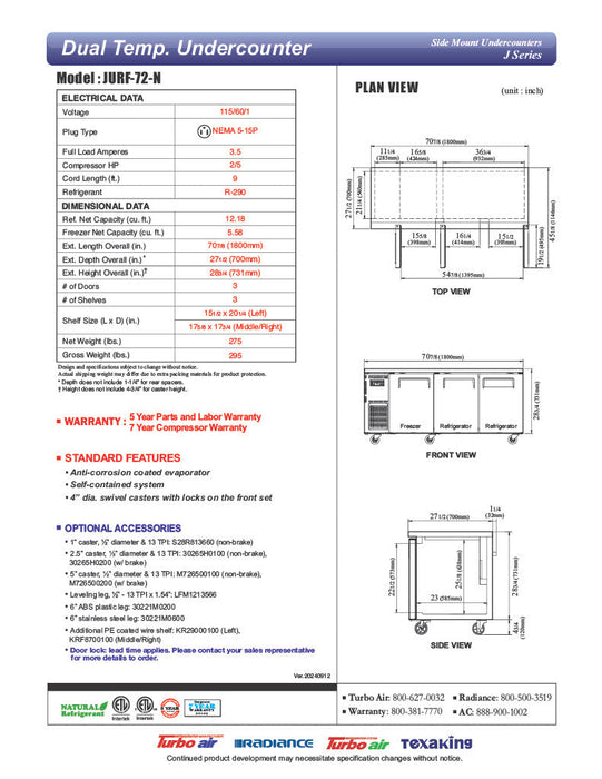 Turbo Air JURF-72-N J Series 70 7/8" Dual Temperature Undercounter Refrigerator/Freezer w/ 3 Sections & Solid Doors - Bakery Wholesalers