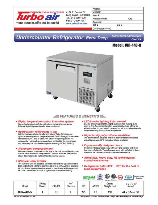 Turbo Air JUR-44D-N J Series 44" Extra Deep Undercounter Refrigerator w/ 2 Drawers & Side Mounted Compressor - Bakery Wholesalers