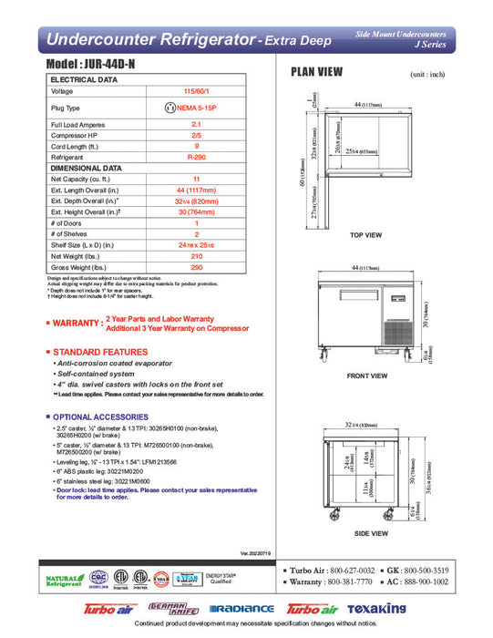 Turbo Air JUR-44D-N J Series 44" Extra Deep Undercounter Refrigerator w/ 2 Drawers & Side Mounted Compressor - Bakery Wholesalers