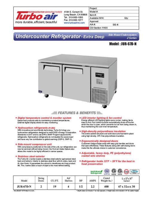 Turbo Air JUR-67D-N J Series 67" Extra Deep Undercounter Refrigerator w/ 2 Drawers & Side Mounted Compressor - Bakery Wholesalers