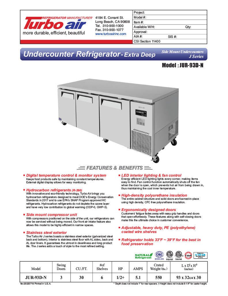 Turbo Air JUR-93D-N J Series 93" Extra Deep Undercounter Refrigerator w/ 3 Drawers & Side Mounted Compressor - Donut-Equipment.com