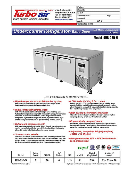 Turbo Air JUR-93D-N J Series 93" Extra Deep Undercounter Refrigerator w/ 3 Drawers & Side Mounted Compressor - Donut-Equipment.com