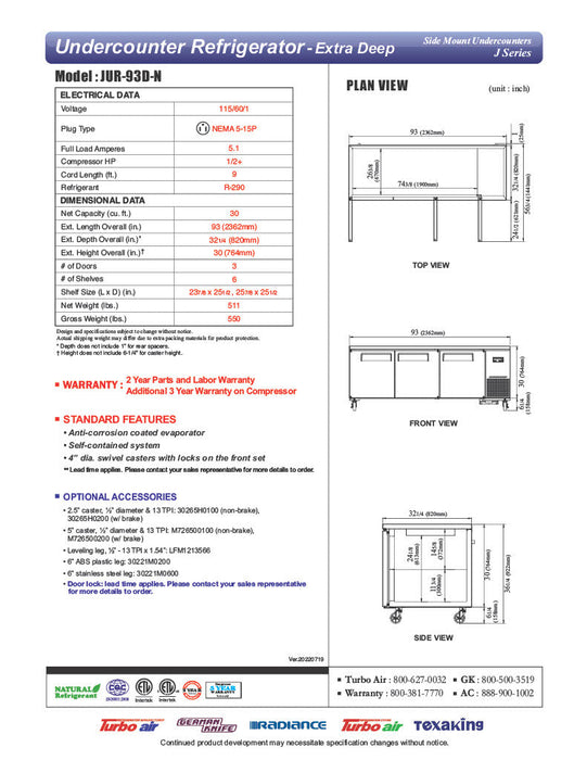 Turbo Air JUR-93D-N J Series 93" Extra Deep Undercounter Refrigerator w/ 3 Drawers & Side Mounted Compressor - Bakery Wholesalers