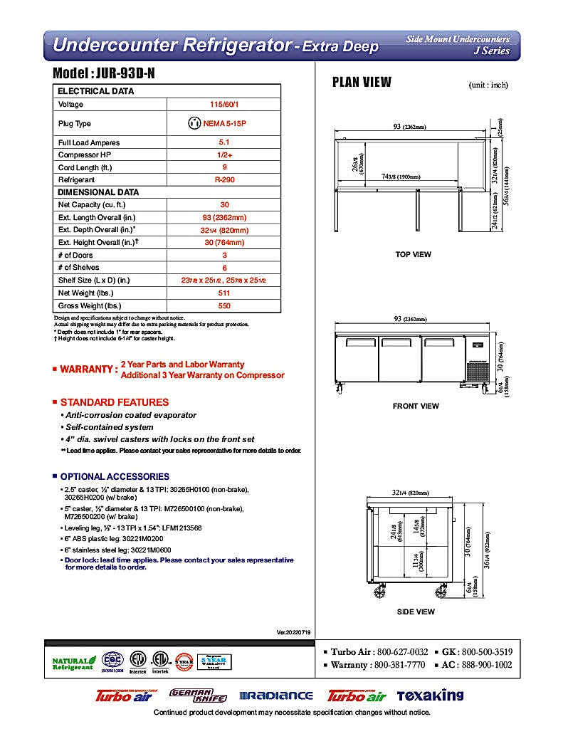 Turbo Air JUR-93D-N J Series 93" Extra Deep Undercounter Refrigerator w/ 3 Drawers & Side Mounted Compressor - Donut-Equipment.com