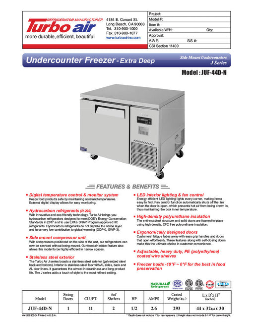 Turbo Air JUF-44D-N J Series 44" Extra Deep Undercounter Freezer w/ 2 Drawers & Side Mounted Compressor - Bakery Wholesalers