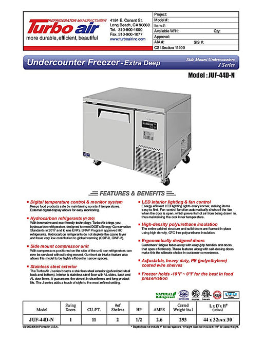 Turbo Air JUF-44D-N J Series 44" Extra Deep Undercounter Freezer w/ 2 Drawers & Side Mounted Compressor - Donut-Equipment.com