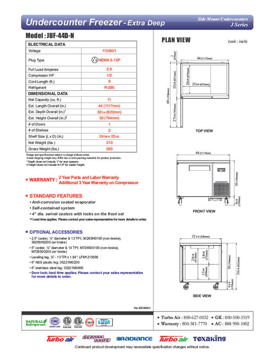 Turbo Air JUF-44D-N J Series 44" Extra Deep Undercounter Freezer w/ 2 Drawers & Side Mounted Compressor - Bakery Wholesalers